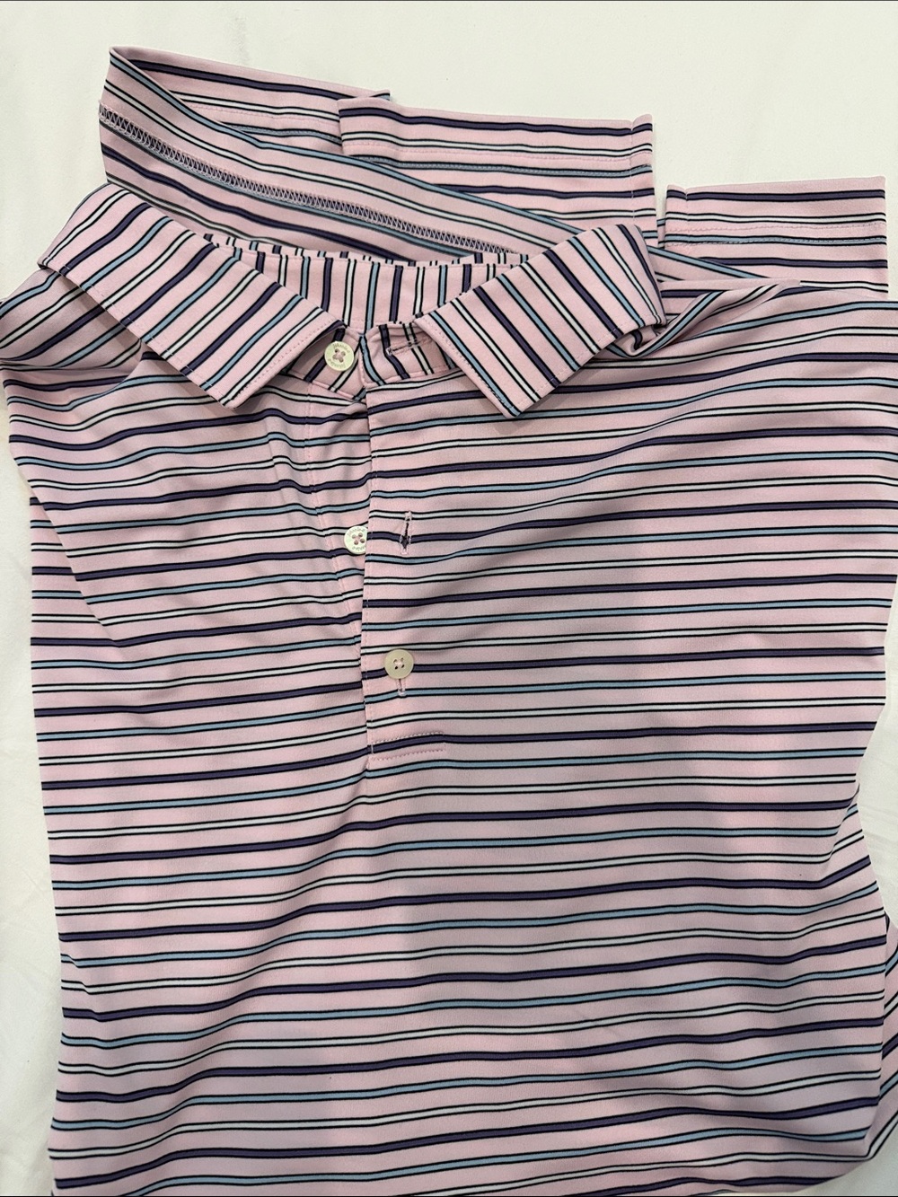 johnnie-O Pink Polo with Purple, Navy and White Stripes